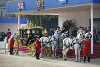 The carriage for of the ceremonial welcome for King Willem-Alexander and Queen Maxima of the Netherlands is seen during their ceremonial welcome at Horse Guards Parade in London, Tuesday, Oct. 23, 2018. (Christopher Furlong/Pool Photo via AP)