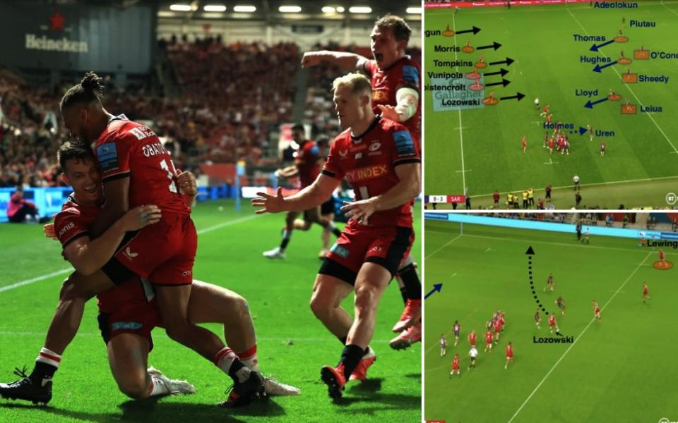 Saracens celebrate Alex Lewington's try, which capped a fine win at Ashton Gate - Getty Images/BT Sport