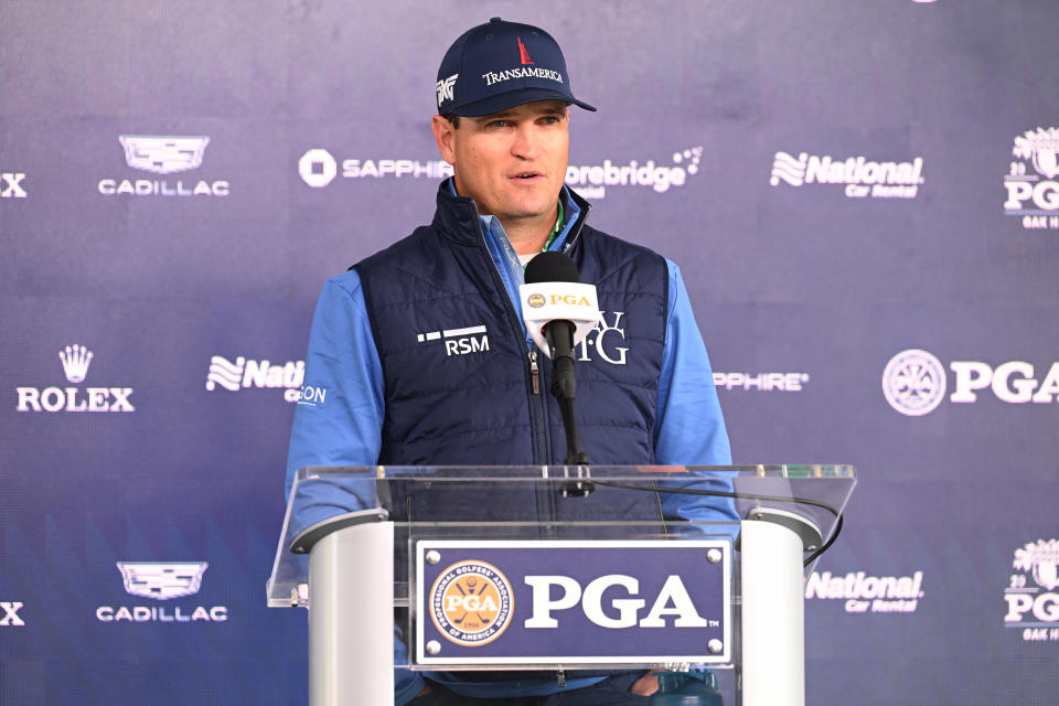 Zach Johnson speaks to the media during a press conference prior to the 2023 PGA Championship at Oak Hill Country Club on May 17, 2023 in Rochester, New York.  (Photo by Ross Kinnaird/Getty Images)