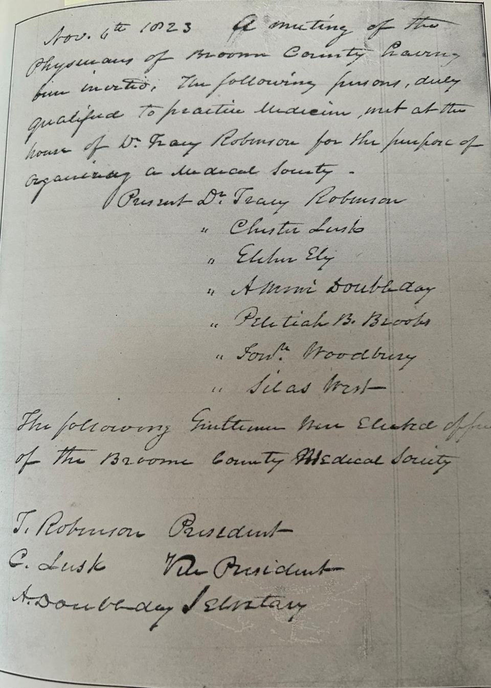 The minutes of the Broome County Medical Society in 1823.