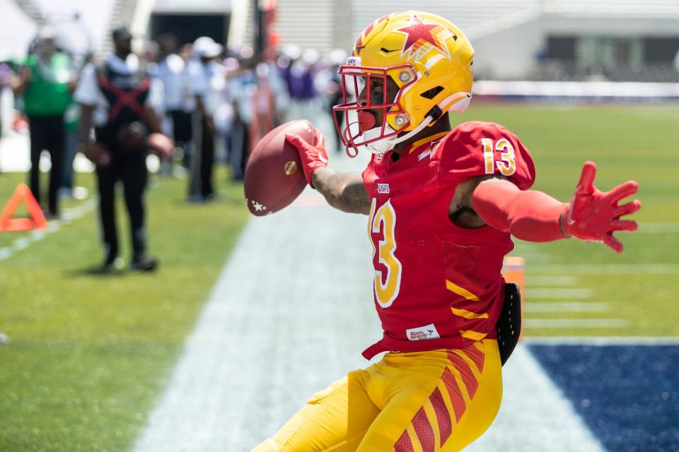 Philadelphia Stars wide receiver Maurice Alexander (13) celebrates a touchdown reception against the Pittsburgh Maulers during the first half.