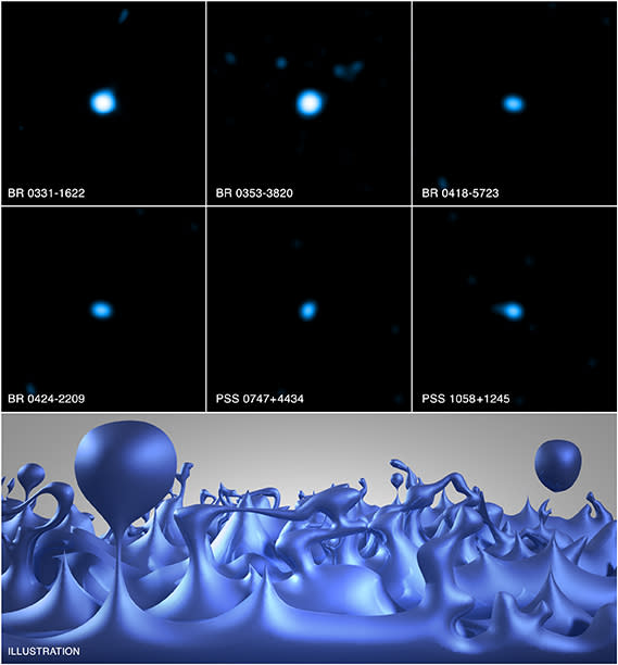 Observations of distant quasars in X-rays from Chandra (top six images) and gamma-ray telescopes are helping scientists test the nature of space-time at extremely small scales. This artist?s illustration (bottom) depicts how the foamy structure