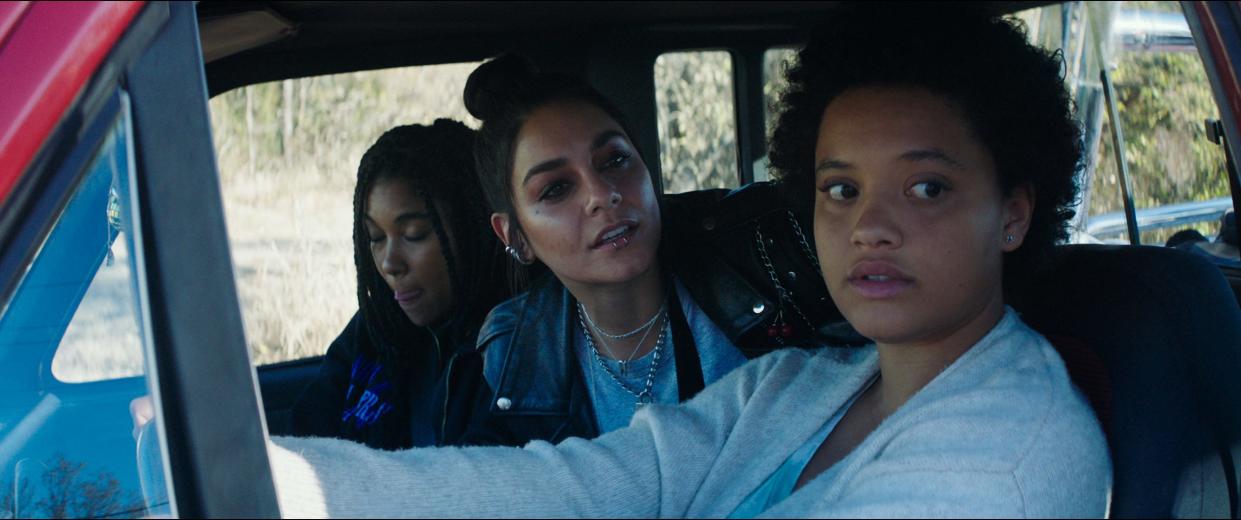 Alexandra Shipp (from left), Vanessa Hudgens and Kiersey Clemons play vigilantes after a men's rights activist in the thriller 