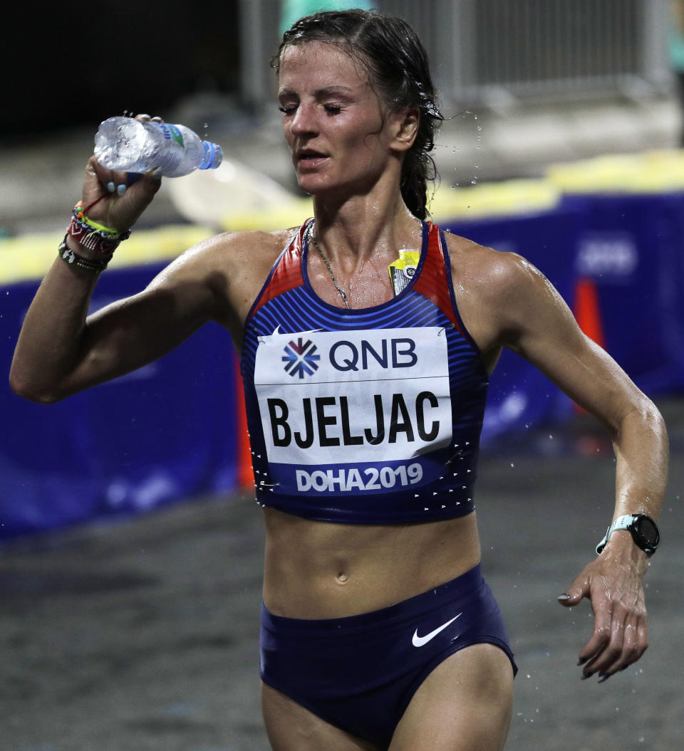 Croatian Bojana Bjeljac competes during the women's marathon at the World Athletics Championships in Doha, Qatar, Saturday, Sept. 28, 2019. (AP Photo/Nariman El-Mofty)