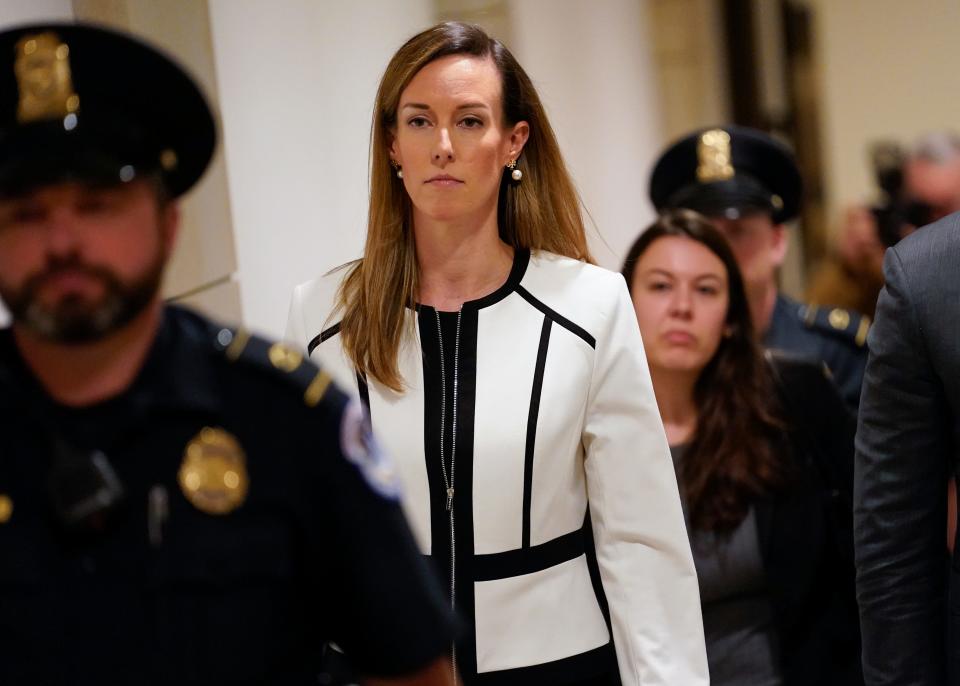 Jennifer Williams, a special adviser to Vice President Mike Pence for Europe and Russia who is a career foreign service officer, departs after a closed-door interview in the impeachment inquiry on President Donald Trump's efforts to press Ukraine to investigate his political rival, Joe Biden, at the Capitol in Washington, Nov. 7, 2019.