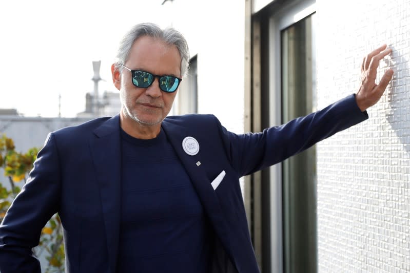 Italian opera singer Andrea Bocelli poses after a news conference about his work with UNESCO programme "Voices of the World" in Paris