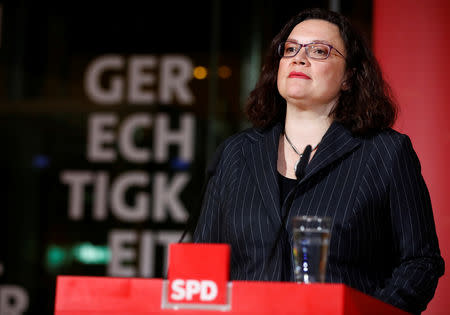 German Social Democratic Party (SPD) leader Andrea Nahles reacts on first exit polls following the Hesse state election in Berlin, Germany, October 28, 2018. REUTERS/Hannibal Hanschke