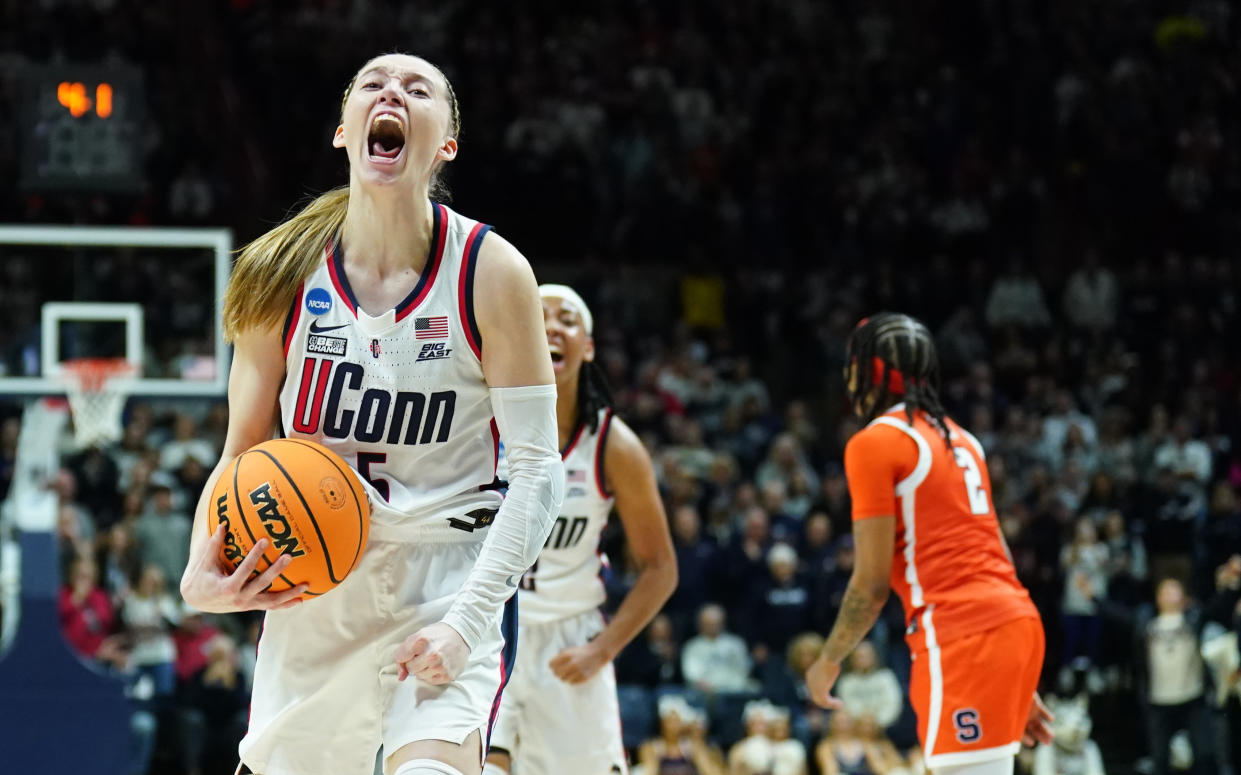 UConn's Paige Bueckers reacts after a basket against Syracuse on March 25. (David Butler II-USA TODAY Sports)