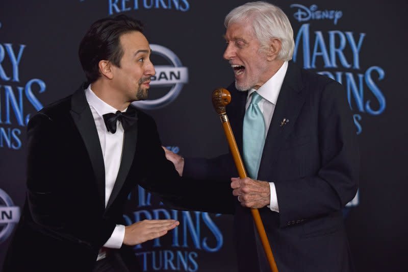 Lin-Manuel Miranda and Richard Van Dyke (R) attend the world premiere of "Mary Poppins Returns" at the Dolby Theatre in Los Angeles in 2018. File Photo by Chris Chew/UPI