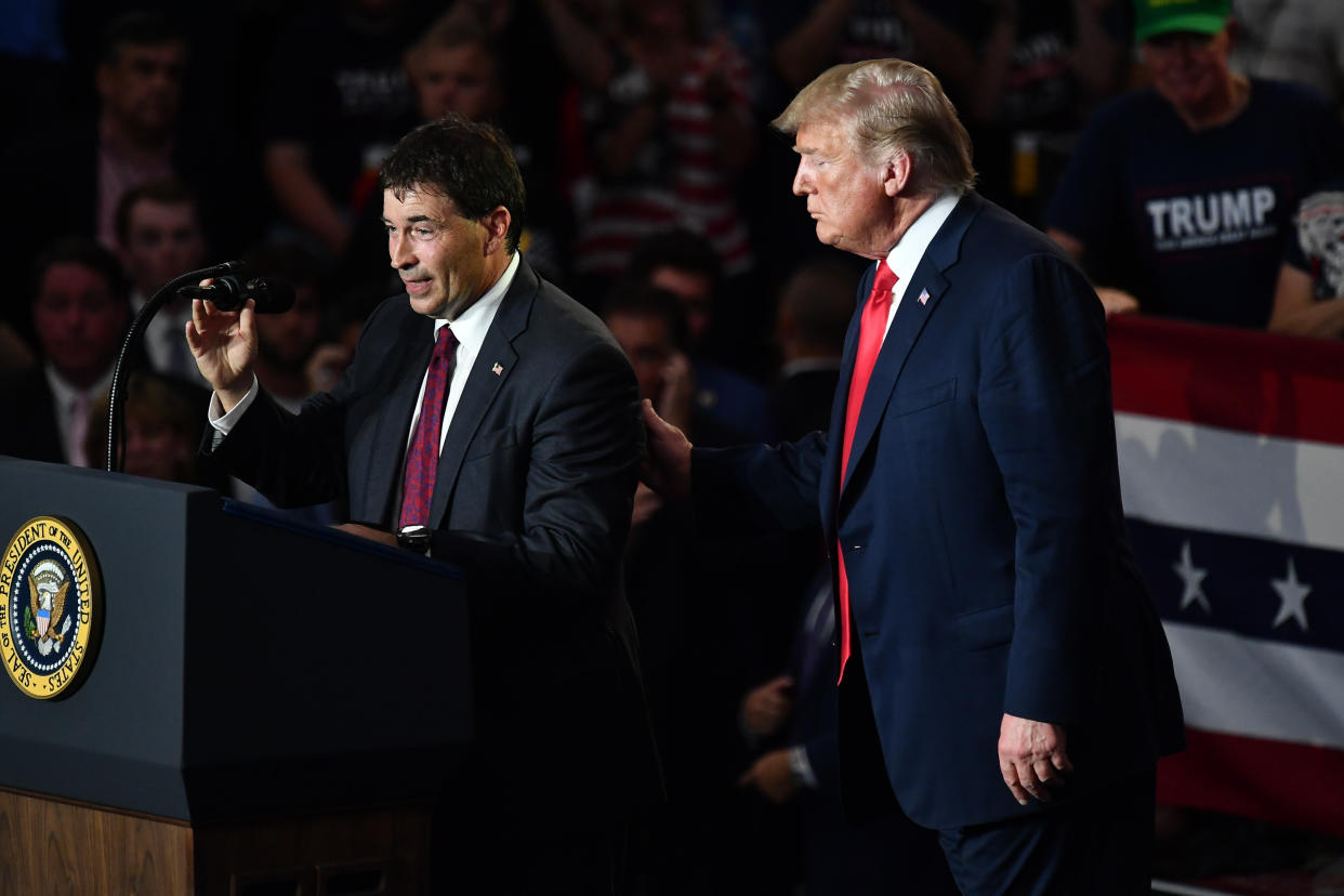 Republican House candidate Troy Balderson speaks next to President Donald Trump at a rally in Lewis Center, Ohio, on Saturday. (Photo: MANDEL NGAN via Getty Images)