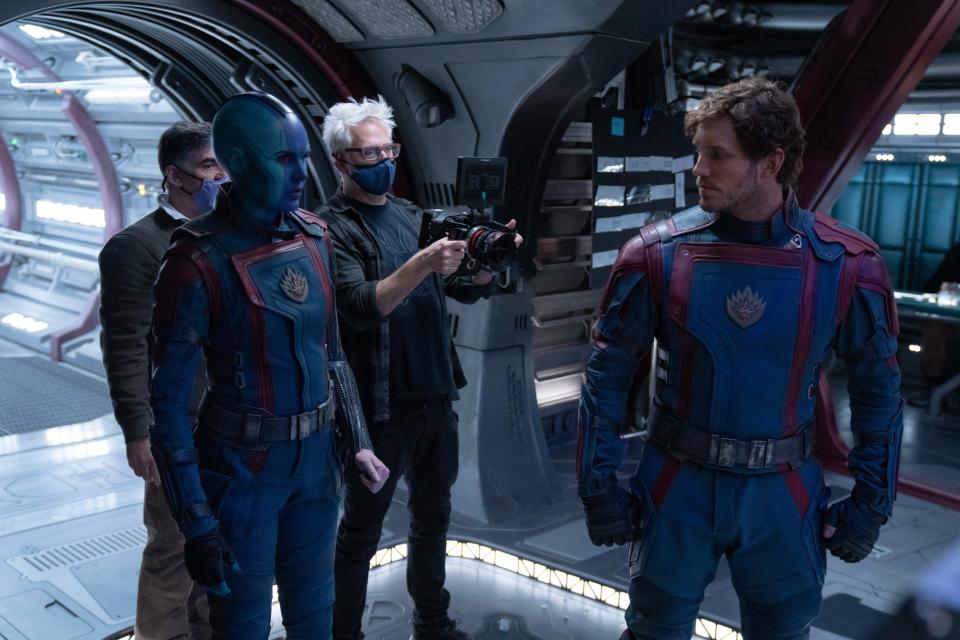 From left, Karen Gillan (Nebula), director James Gunn, and Chris Pratt (Peter Quill) on the set of "Guardians of the Galaxy Vol. 3."