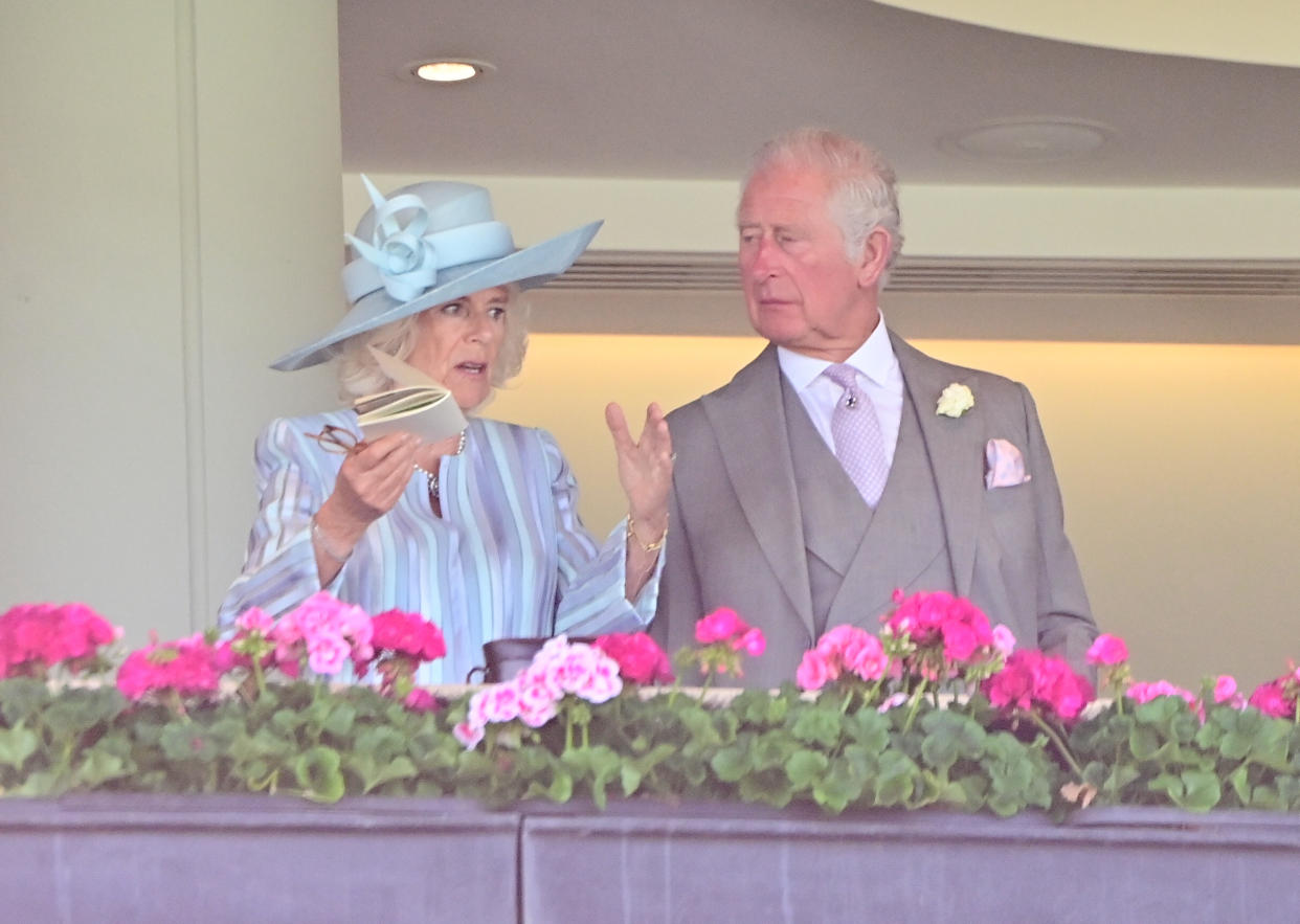 ASCOT, ENGLAND - JUNE 15: Camilla, Duchess of Cornwall and Prince Charles, Prince of Wales attend Royal Ascot 2021 at Ascot Racecourse on June 15, 2021 in Ascot, England. (Photo by Samir Hussein/WireImage)