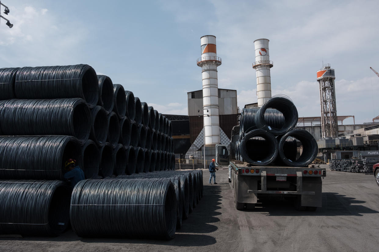 A truck carries coils of steel wire at the Grupo Acerero SA steel processing facility in San Luis Potosi, Mexico, on March 6. (Photo: Bloomberg via Getty Images)