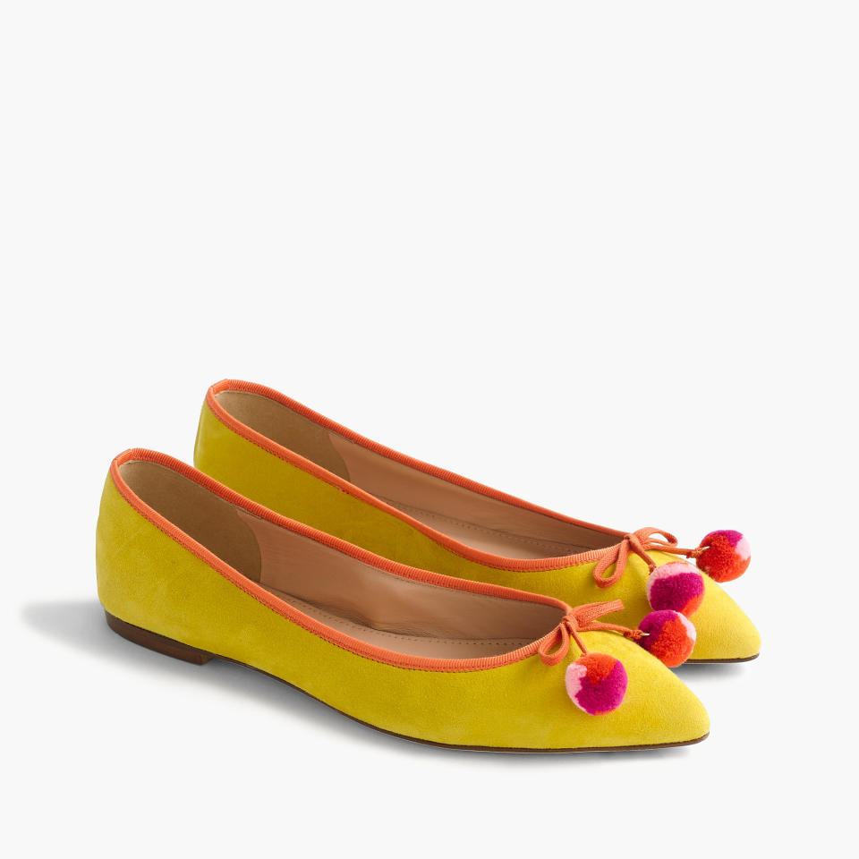 <p><a rel="nofollow noopener" href="https://www.jcrew.com/uk/p/womens_category/shoes/size12/gemma-suede-flats-with-pompoms/g0877?isFromSearch=true&color_name=tropical-sun&N=0&Nloc=en&Ntrm=yellow&Npge=1&Nrpp=48&Nsrt=0" target="_blank" data-ylk="slk:J Crew, £118;elm:context_link;itc:0;sec:content-canvas" class="link ">J Crew, £118</a> </p>