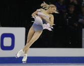 Alexa Scimeca Knierim and Danny Neudecker perform during the pair's free skating program at Skate America, Saturday, Oct. 20, 2018, in Everett, Wash. (Olivia Vanni/The Herald via AP)