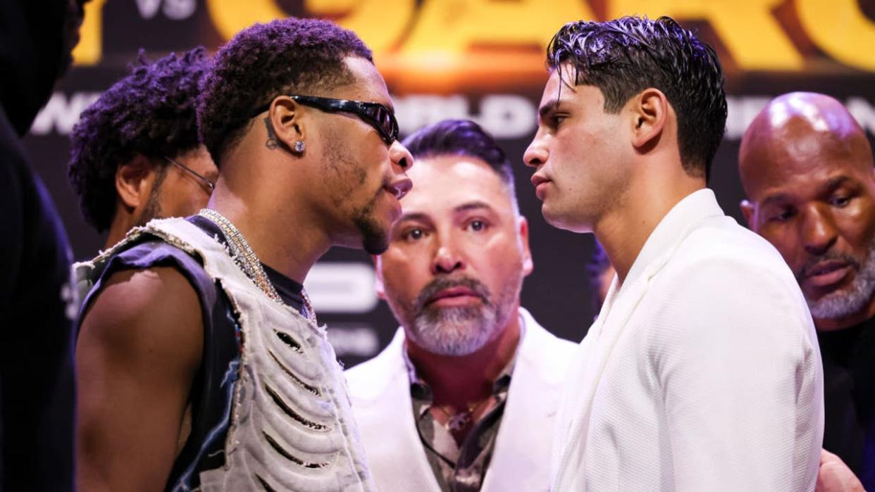 <div>LOS ANGELES, CALIFORNIA - FEBRUARY 29: Devin Haney and Ryan Garcia face off during the Ryan Garcia v Devin Haney press tour at Avalon Hollywood & Bardot on February 29, 2024 in Los Angeles, California. (Photo by Cris Esqueda/Golden Boy/Getty Images)</div>