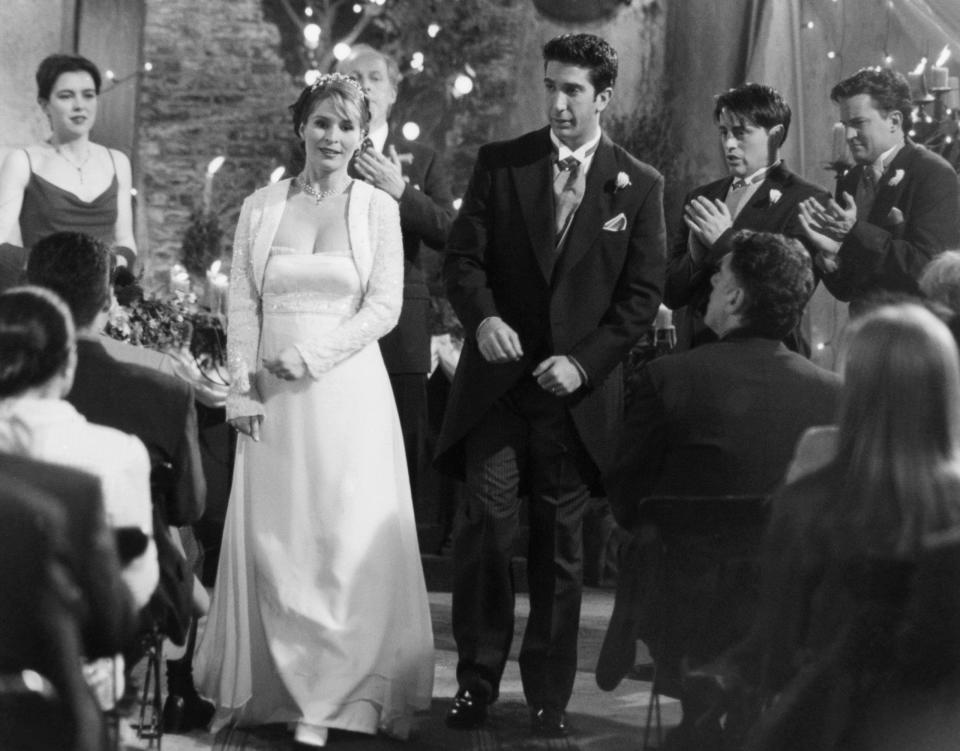 Olivia Williams, far left, portrayed Felicity, a bridesmaid to Emily Waltham (Helen Baxendale), in the two-part Season 4 finale of "Friends" titled "The One with Ross’ Wedding."