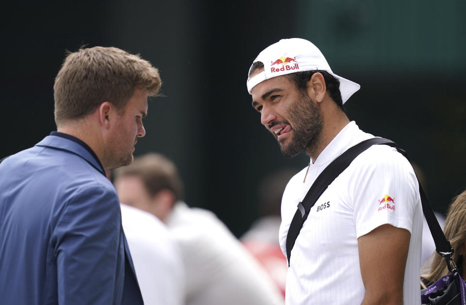 Italy's Matteo Berrettini arrives for practicing at the All England Lawn Tennis and Croquet Club in Wimbledon, London, Britain, ahead of the championships starting tomorrow, on Sunday, July 2, 2023. (John Walton/PA via AP)