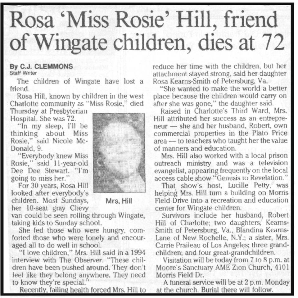 The obituary for Rosa Lee Hill, member of Moore’s Sanctuary AME Zion Church. Hill’s cousin, William, is working to preserve the cemetery she’s buried in.