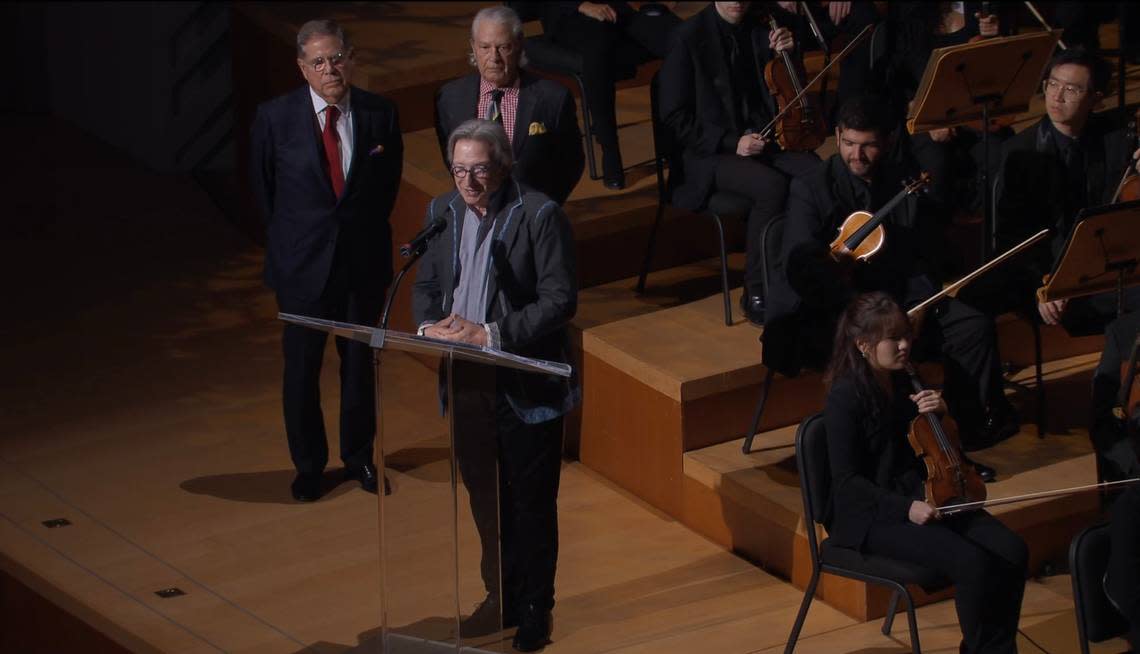 Michael Tilson Thomas, the New World Symphony co-founder and artistic director laureate, thanks the Knight Foundation for its $10 million grant at the New World Center in Miami Beach during its opening night concert Saturday evening.
