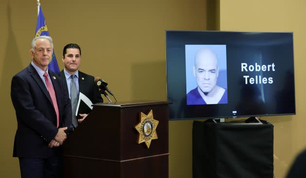 Clark County Sheriff Joe Lombardo (left) and Las Vegas Metropolitan Police Capt. Dori Koren take questions at a news conference on the arrest of Clark County Public Administrator Robert Telles, whose booking photo is displayed on a monitor. Telles is accused of fatally stabbing Las Vegas Review-Journal investigative reporter Jeff German. (Photo: Ethan Miller via Getty Images)