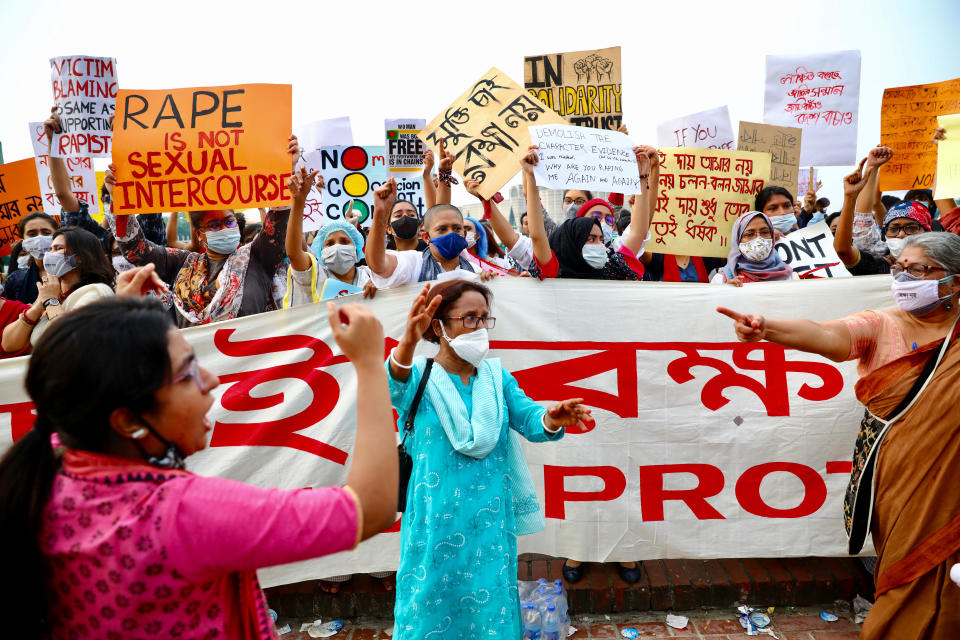 People join a protest in front of the Bangladeshi parliament demanding justice for the alleged gang rape of a woman in Noakhali, Bangladesh, in Dhaka, October 10, 2020. / Credit: MOHAMMAD PONIR HOSSAIN/REUTERS