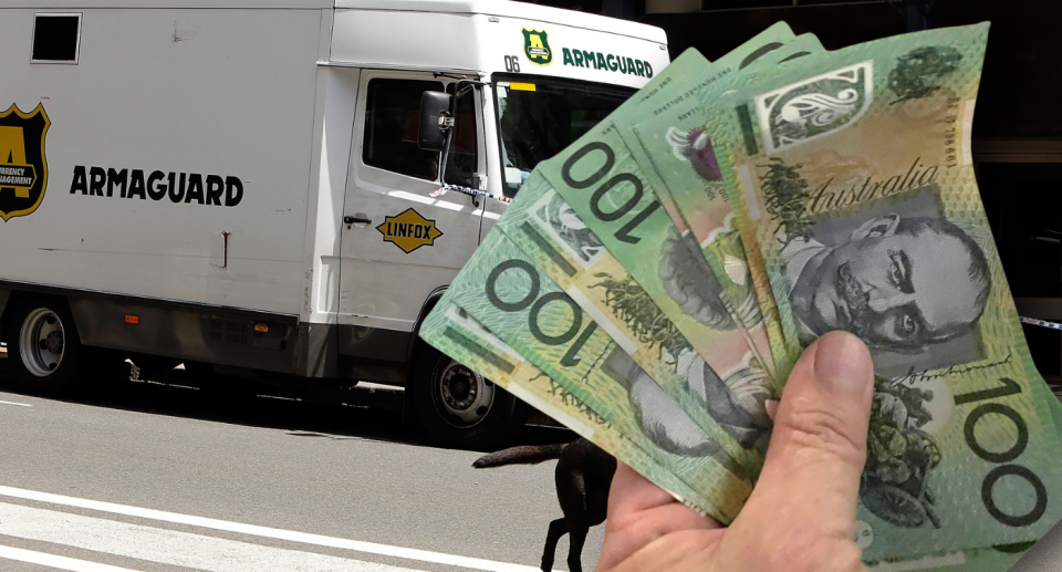 Armaguard truck next to a person holding up a wad of $100 notes