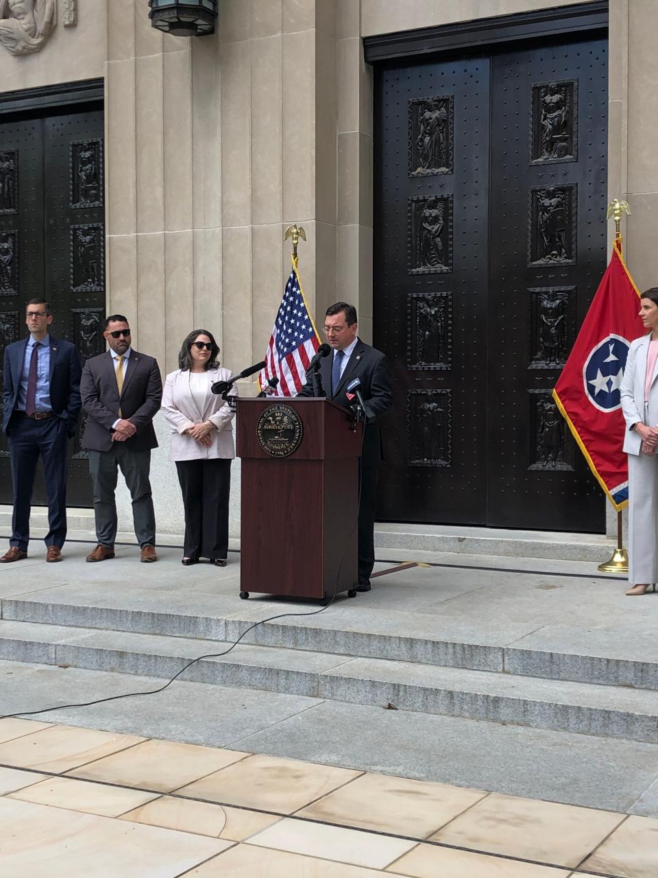 Tennessee Attorney General Jonathan Skrmetti speaks during a press conference on April 30, 2024 in Nashville, Tennessee.