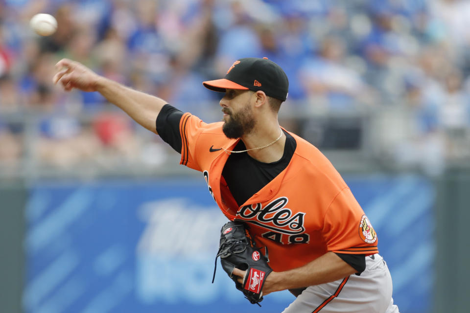Baltimore Orioles pitcher Jorge Lopez throws to a Kansas City Royals batter in the first inning of a baseball game at Kauffman Stadium in Kansas City, Mo., Saturday, July 17, 2021. (AP Photo/Colin E. Braley)