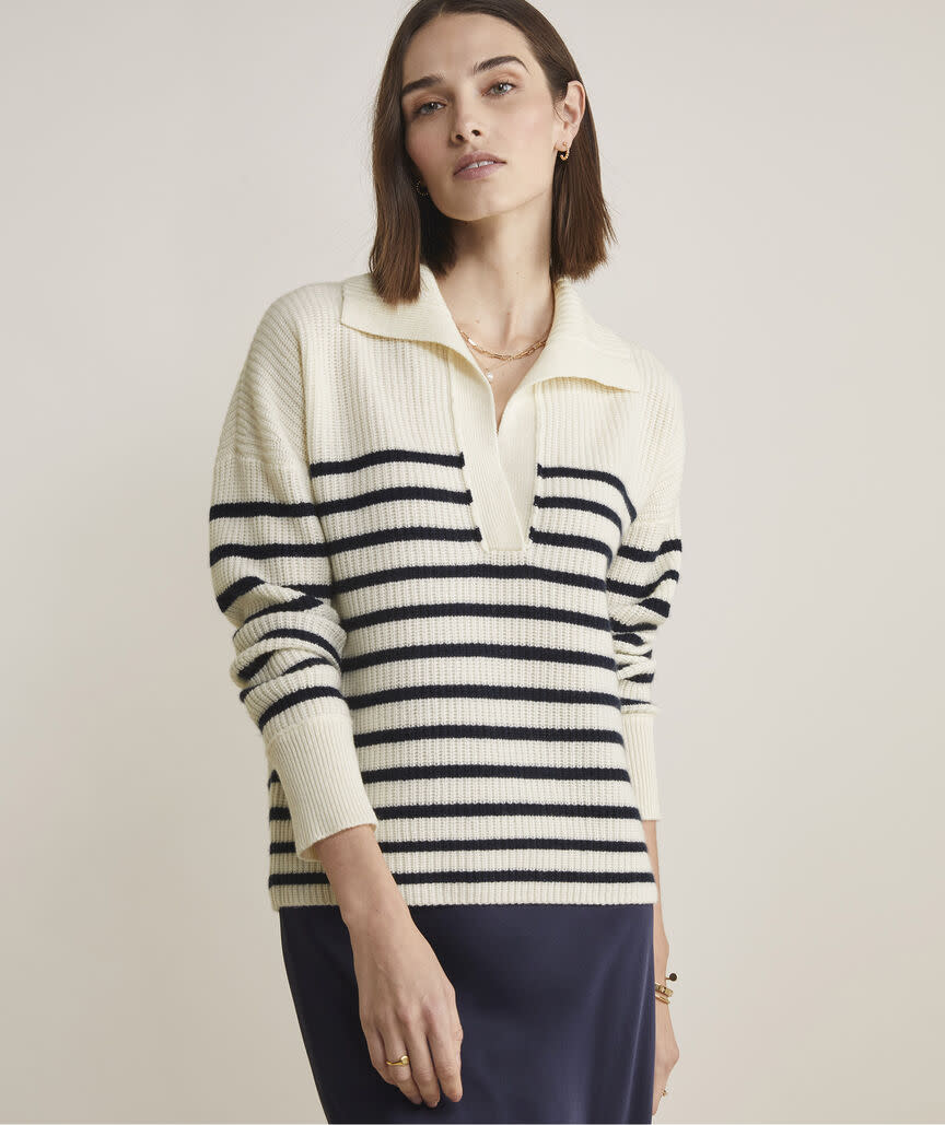 <p><a href="https://go.redirectingat.com?id=74968X1596630&url=https%3A%2F%2Fwww.vineyardvines.com%2Fproduct%2Fwomens-sweaters%2Fcashmere-textured-stripe-polo-sweater%2F2E002035.html&sref=https%3A%2F%2Fwww.harpersbazaar.com%2Ffashion%2Ftrends%2Fg60502548%2Fbazaar-nice-saves-april-17-2024%2F" rel="nofollow noopener" target="_blank" data-ylk="slk:Shop Now;elm:context_link;itc:0;sec:content-canvas" class="link ">Shop Now</a></p><p>Ribbed Cashmere Stripe Polo Sweater</p><p>vineyardvines.com</p><p>$149.99</p>