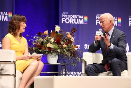 Democratic presidential candidate and former Vice President Joe Biden answers questions from Cedar Rapids Gazette columnist Lyz Lenz at the One Iowa and GLAAD LGBTQ Presidential Forum in Cedar Rapids, Iowa