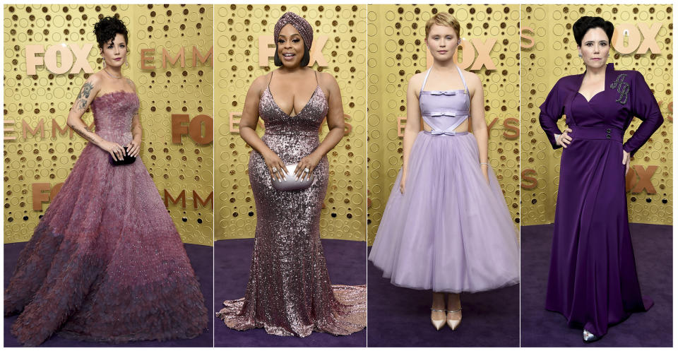 This combination photo shows, from left, singer Halsey, Niecy Nash, from "When They See Us," Eliza Scanlen, from "Sharp Objects," and Alex Borstein, from "The Marvelous Mrs. Maisel," at the 71st Primetime Emmy Awards in Los Angeles on Sept. 22, 2019. (AP Photo)