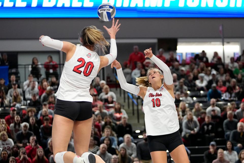 Dec 2, 2022; Columbus, Ohio, USA;  Ohio State Buckeyes Mac Podraza (10) sets to Rylee Rader (20) during the NCAA women's volleyball tournament first round match against the Tennessee State Tigers at the Covelli Center. Mandatory Credit: Adam Cairns-The Columbus Dispatch