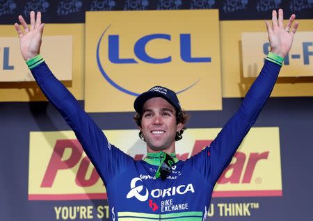 Cycling - Tour de France cycling race - The 197 km (122.4 miles) Stage 10 from Escaldes-Engordany, Andorra to Revel, France - 12/07/2016 - Orica-BikeExchange rider Michael Matthews of Australia reacts on the podium. REUTERS/Juan Medina