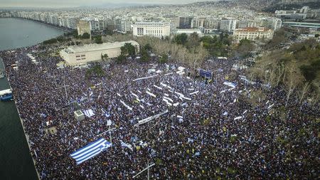 Protesters take part in a rally against the use of the term "Macedonia" in any solution to a dispute between Athens and Skopje over the former Yugoslav republic's name, in the northern city of Thessaloniki, Greece, January 21, 2018. Antonis Nicolopoulos/Eurokinissi via REUTERS