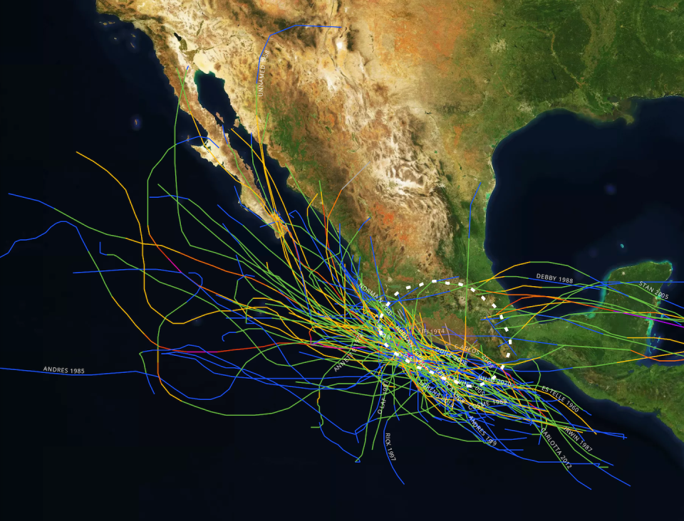 Mexico’s hurricane history in storm tracks. <a href="https://coast.noaa.gov/hurricanes/#map" rel="nofollow noopener" target="_blank" data-ylk="slk:NOAA;elm:context_link;itc:0;sec:content-canvas" class="link ">NOAA</a>