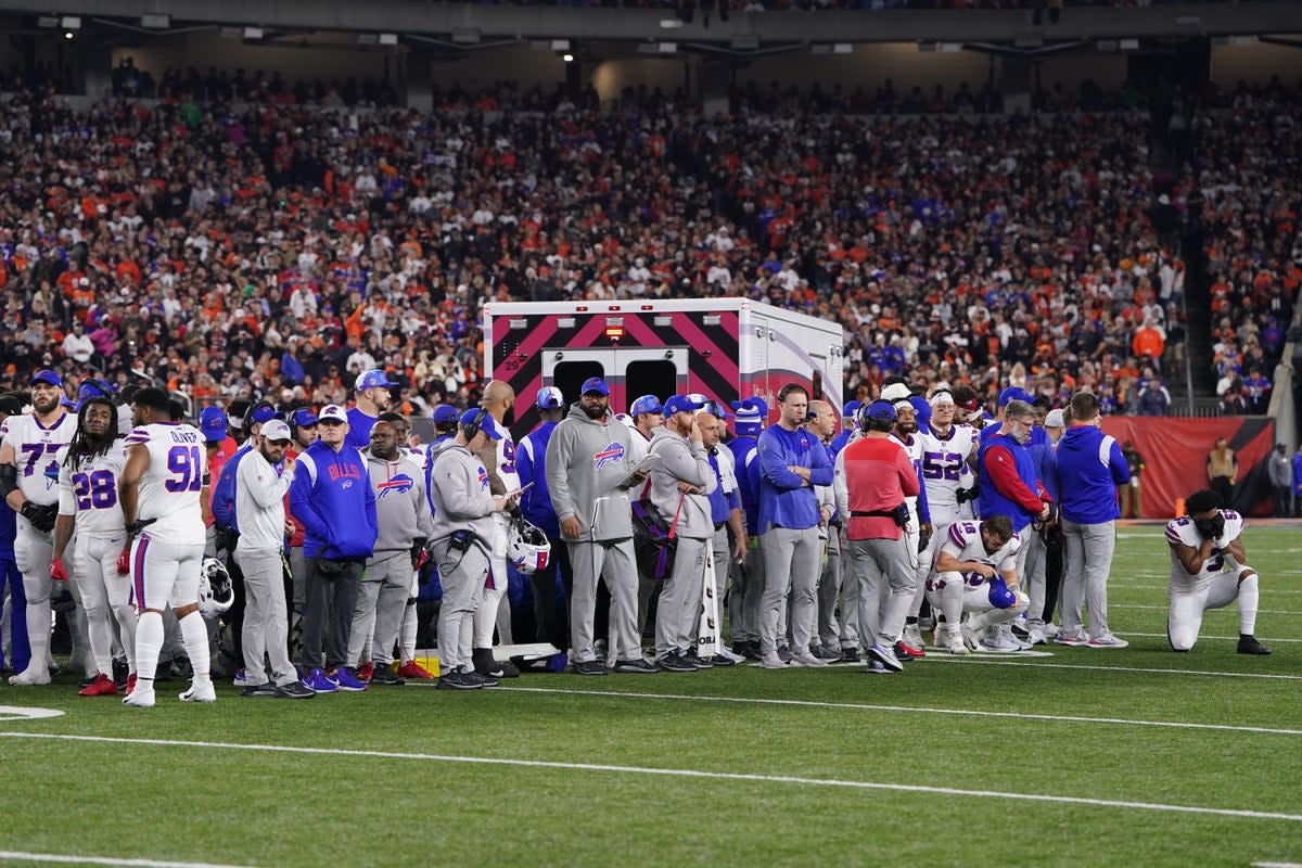 Buffalo Bills players look on after teammate Damar Hamlin #3 collapsed on the field after making a tackle against the Cincinnati Bengals during the first quarter at Paycor Stadium on January 02, 2023 in Cincinnati, Ohio (Getty Images)