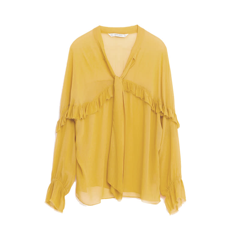 <a rel="nofollow noopener" href="http://www.zara.com/us/en/woman/tops/view-all/frilled-flowing-blouse-c733890p3649542.html" target="_blank" data-ylk="slk:Frilled Flowing Blouse, Zara, $40;elm:context_link;itc:0;sec:content-canvas" class="link ">Frilled Flowing Blouse, Zara, $40</a>