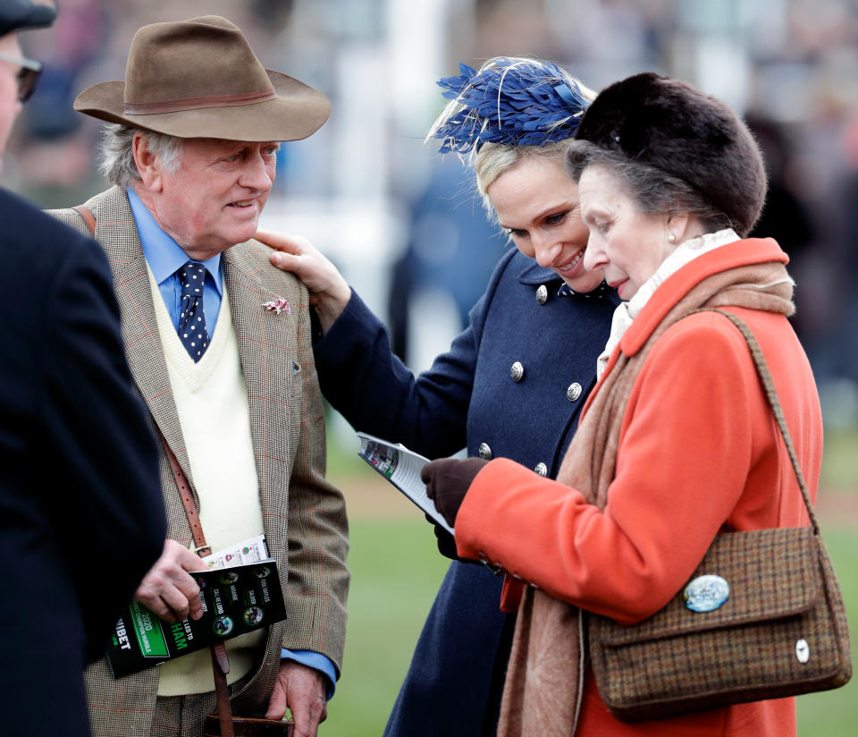 CHELTENHAM, UNITED KINGDOM - MARCH 10: (EMBARGOED FOR PUBLICATION IN UK NEWSPAPERS UNTIL 24 HOURS AFTER CREATE DATE AND TIME) Andrew Parker Bowles, Zara Tindall and Princess Anne, Princess Royal attend day 1 'Champion Day' of the Cheltenham Festival 2020 at Cheltenham Racecourse on March 10, 2020 in Cheltenham, England. (Photo by Max Mumby/Indigo/Getty Images)