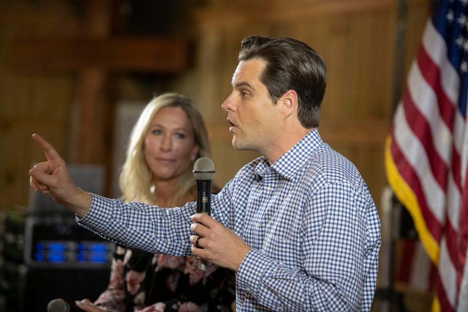 U.S. Rep. Matt Gaetz holds a kickoff campaign event with U.S. Rep. Marjorie Taylor Greene of Georgia on Saturday, April 9, 2022, at the Heaven's Trail Event Barn in Milton. Gaetz, the Republican congressman who represents much of the Panhandle, held a series of three events Saturday along with Greene.