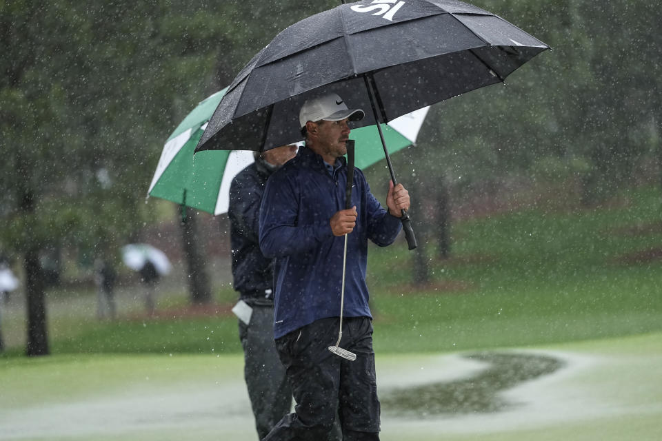 Brooks Koepka elks on the seventh green during the weather delayed third round of the Masters golf tournament at Augusta National Golf Club on Saturday, April 8, 2023, in Augusta, Ga. (AP Photo/David J. Phillip)