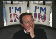 FILE - In this Wednesday, June 22, 2016 file photo, British Prime Minister David Cameron reacts as he travels on his campaign bus near Bristol, England. Five years ago, Britons voted in a referendum that was meant to bring certainty to the U.K.’s fraught relationship with its European neigbors. Voters’ decision on June 23, 2016 was narrow but clear: By 52 percent to 48 percent, they chose to leave the European Union. It took over four years to actually make the break. The former partners are still bickering, like many divorced couples, over money and trust. (Geoff Caddick/Pool via AP, File)