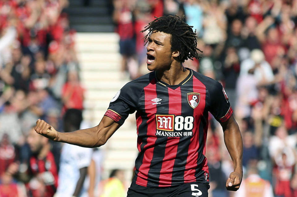 Bournemouth's Nathan Ake celebrates scoring his side's second goal of the game, during the English Premier League soccer match between Bournemouth and Everton, at the Vitality Stadium, in Bournemouth, England, Saturday, Aug. 25, 2018. (Mark Kerton/PA via AP)