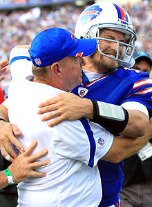 Ryan Fitzpatrick celebrates with Chan Gailey as the Bills improved to 3-0