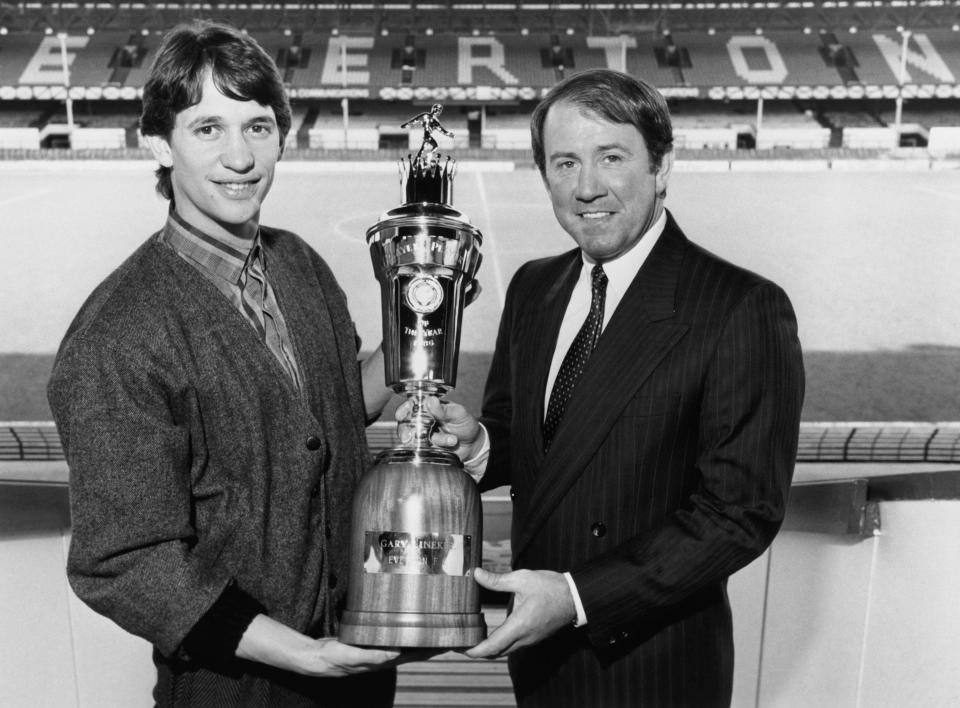 Gary Lineker of Everton has been chosen as player of the year by his fellow footballers, with Everton manager Howard Kendall (right) with the trophy at Goodison Park as hewas unable to attend the awards as he is playing for England at a friendly against the Soviet Union.