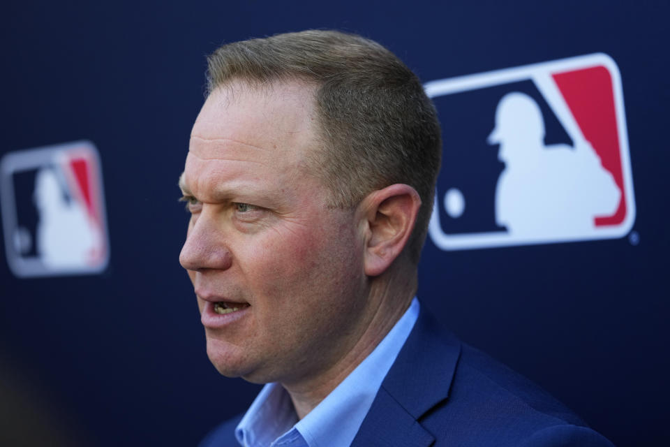 Milwaukee Brewers General Manager Matt Arnold speaks during the Major League Baseball's general manager meetings, Wednesday, Nov. 8, 2023, in Scottsdale, Ariz. (AP Photo/Matt York)