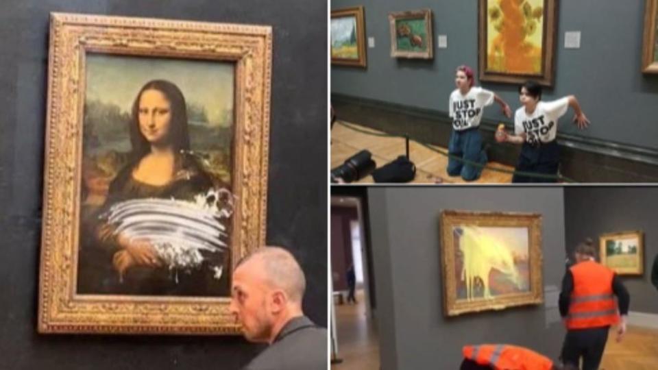 先前達文西（Leonardo da Vinci）巨作《蒙娜麗莎的微笑》（Mona Lisa）、梵谷（Vincent van Gogh’s）名畫《向日葵》（Sunflowers）都被環團鎖定攻擊。（翻攝自 推特@pradologue）