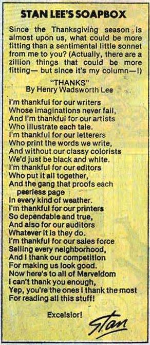 Stan’s Soapbox from February 1976 (Marvel Comics <a href="http://bullyscomics.blogspot.com/2012/11/what-is-stan-lee-thankful-for.html" rel="nofollow noopener" target="_blank" data-ylk="slk:via Bully’s Comics;elm:context_link;itc:0;sec:content-canvas" class="link ">via Bully’s Comics</a>)