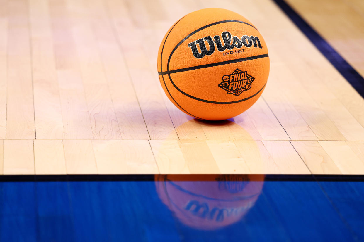 BUFFALO, NEW YORK - MARCH 17: A detailed view of the ball prior to the game between the South Dakota State Jackrabbits and the Providence Friars in the first round game of the 2022 NCAA Men's Basketball Tournament at KeyBank Center on March 17, 2022 in Buffalo, New York. (Photo by Elsa/Getty Images)