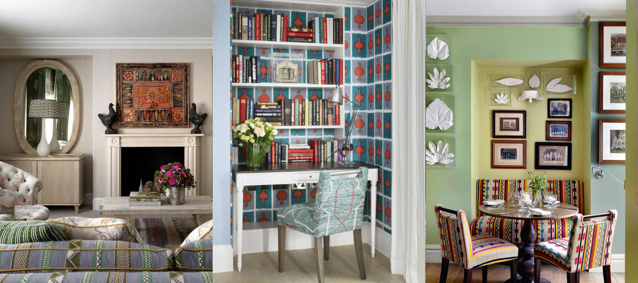  Nooks by Kit Kemp. Living room with fireplace and large mirror. Desk nook with bookshelves and colorful wallpaper. Dining nook with bench seating, table, artwork 